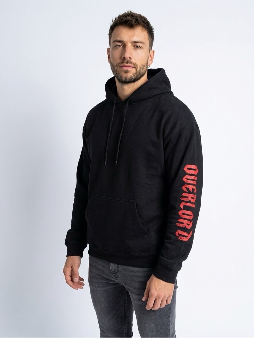 Overlord Men’s Black Hoodie with Red Sleeve Logo Large